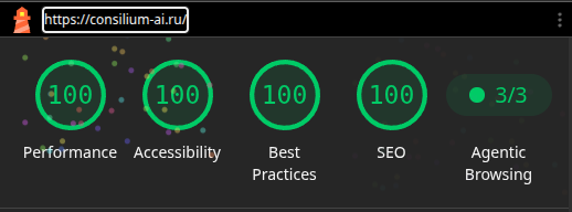 Lighthouse: 100/100/100/100 — Performance, Accessibility, Best Practices, SEO
